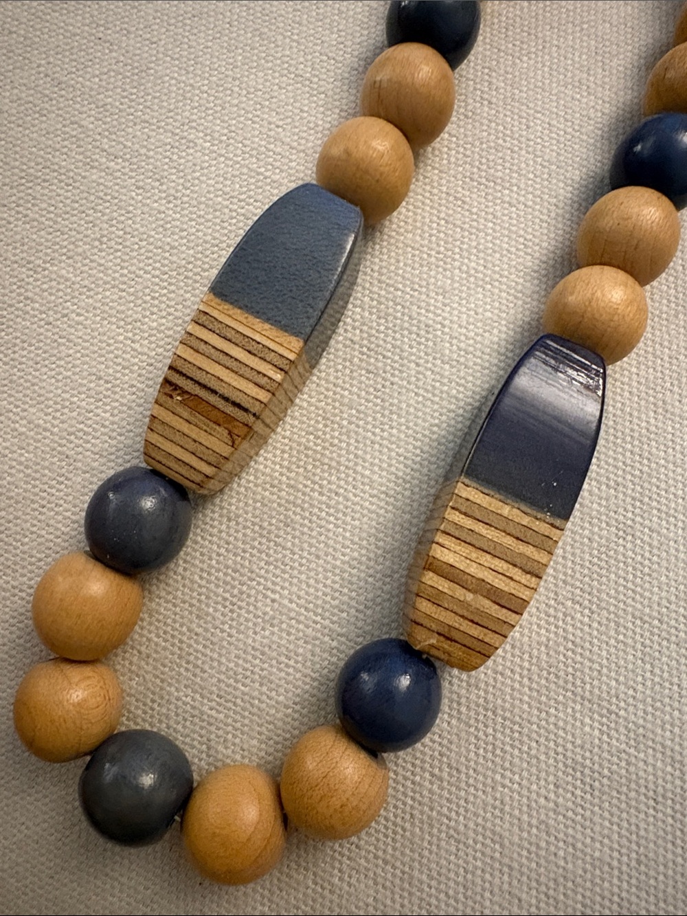 Vintage Blue and Natural Wood Beaded Necklace